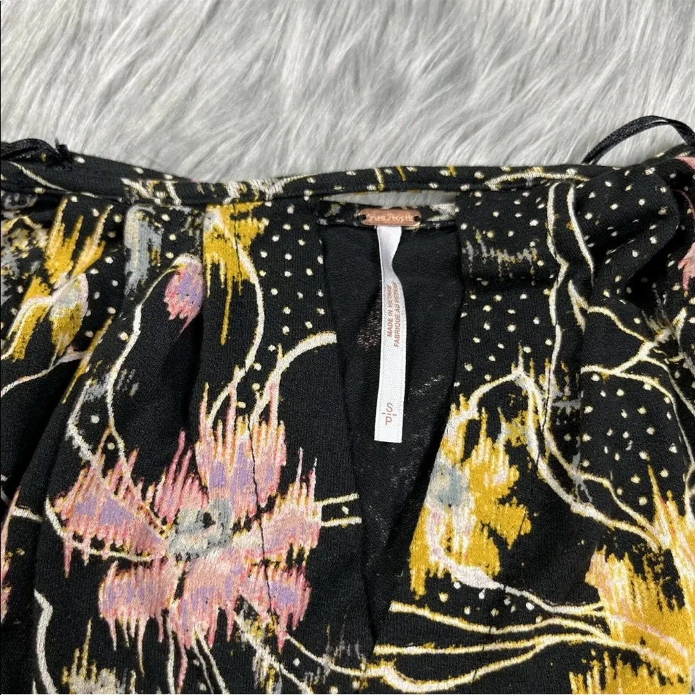 Free People One Last Time Black Floral Draped Bell Sleeve Top Size Small